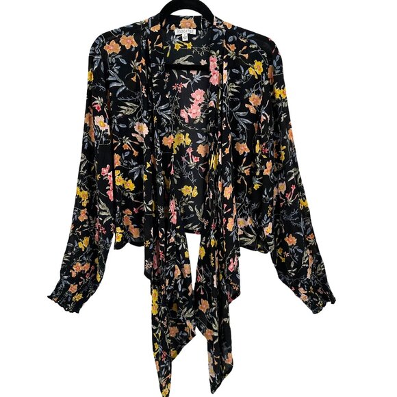Patrons Of Peace Black Floral Open Front Cardigan Wrap With Long Sleeves Size M - Picture 1 of 8